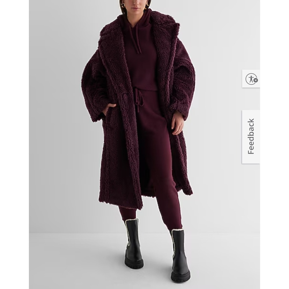 Express Womens szL Teddy Maxi Coat Purple Plum Sherpa Fall Winter Outerwear Cozy